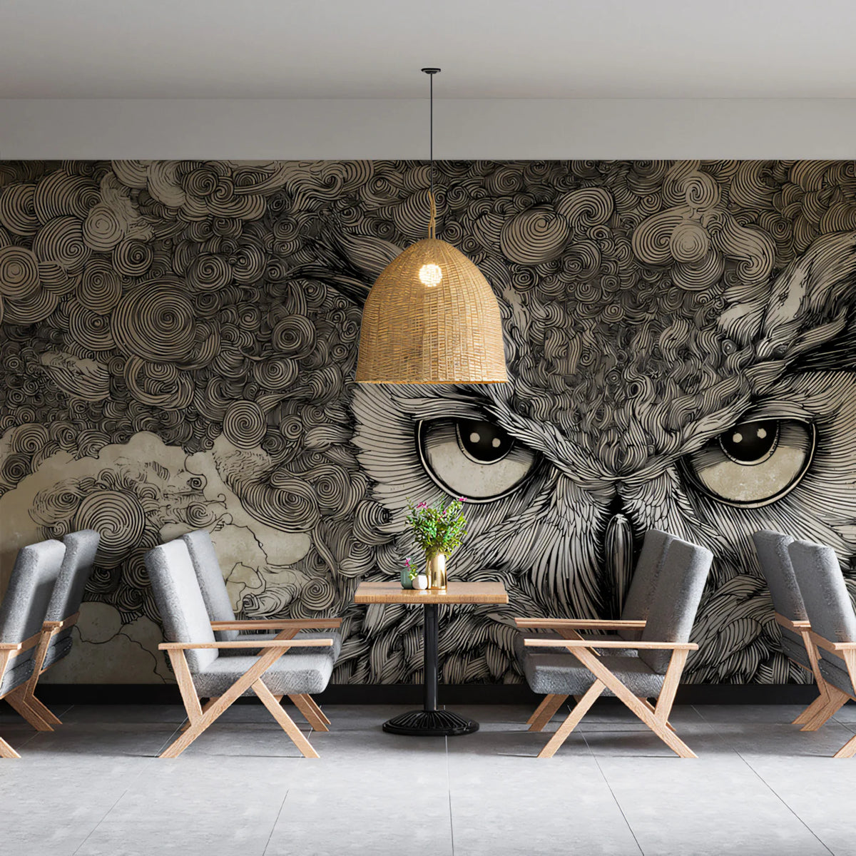 Nocturnal Owl Line Art Mural Wallpaper — Detailed Sketch Design Mural Wallpaper - room preview 02