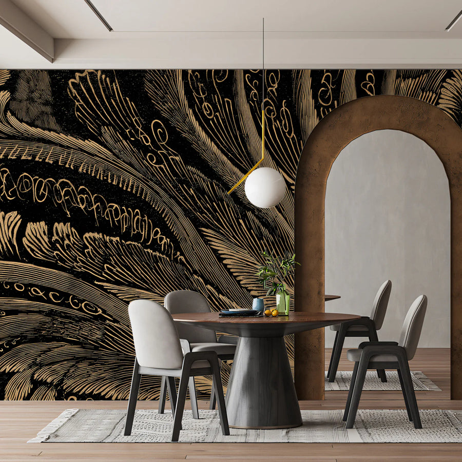 Peacock Wallpaper Mural – Bird Wall Mural – Gilded Feather Abstract — Dramatic Line Art