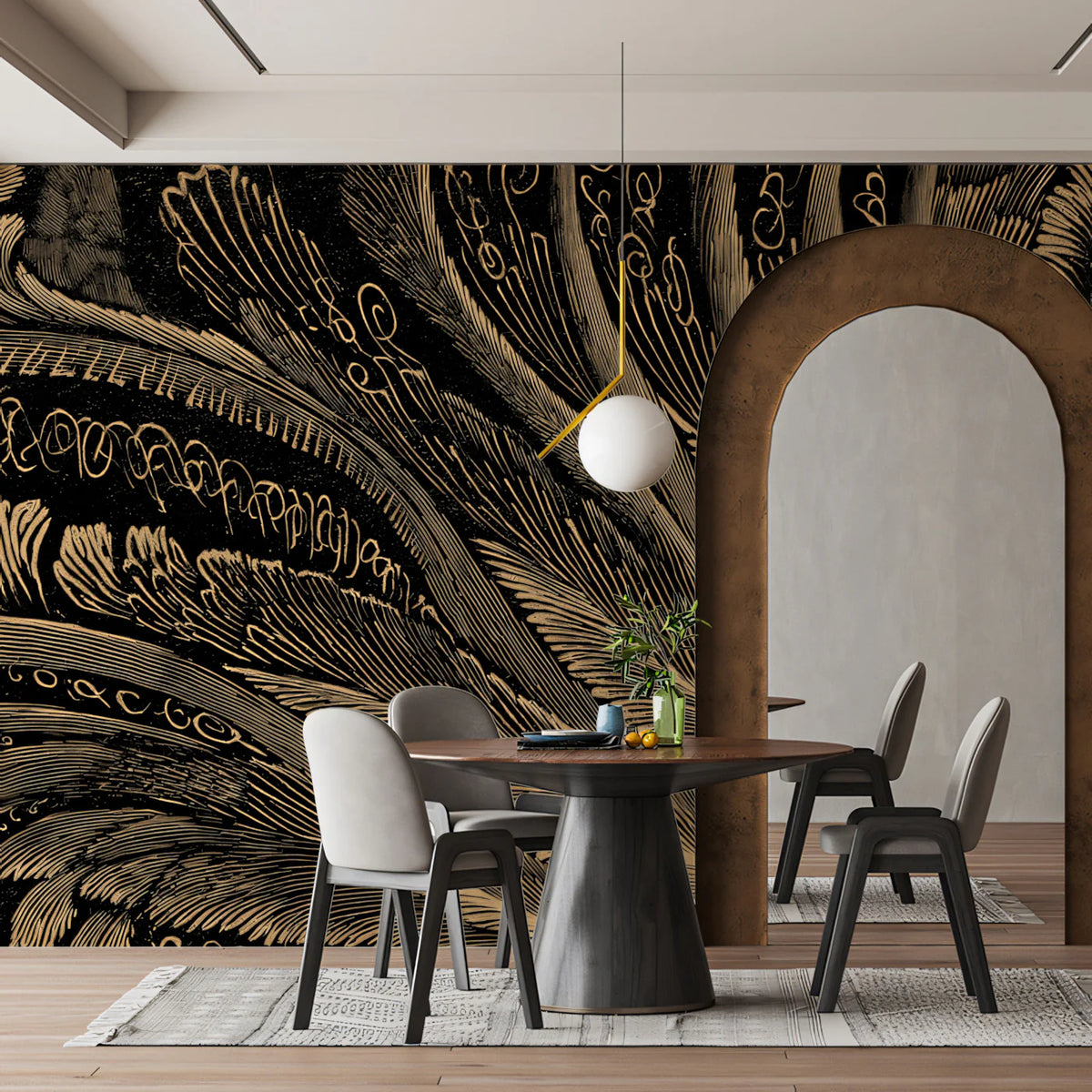 Gilded Feather Abstract Mural Wallpaper — Dramatic Line Art Mural Wallpaper - room preview 02