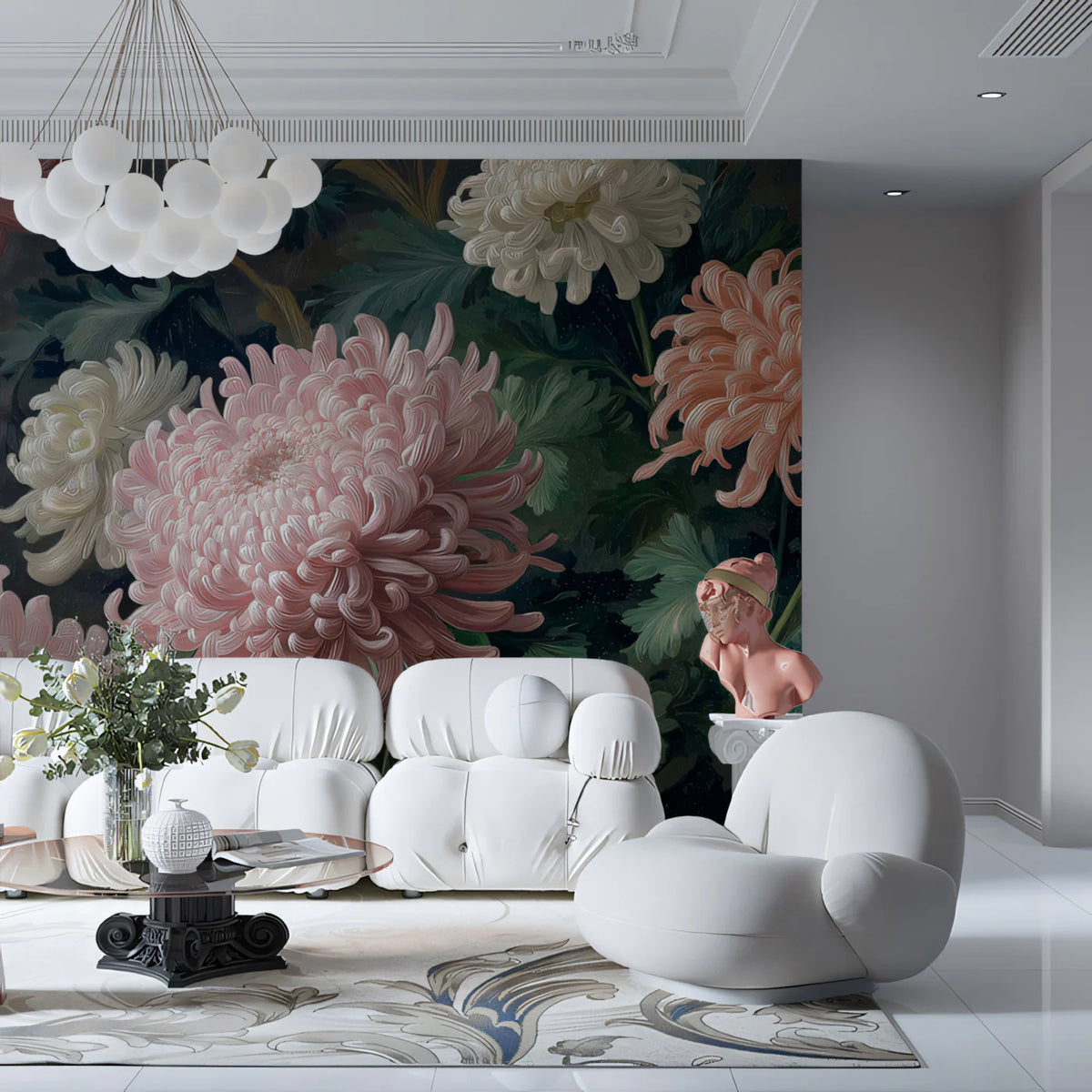 Chrysanthemum Oil Painting Mural Wallpaper — Moody Floral Art Mural Wallpaper - room preview 02