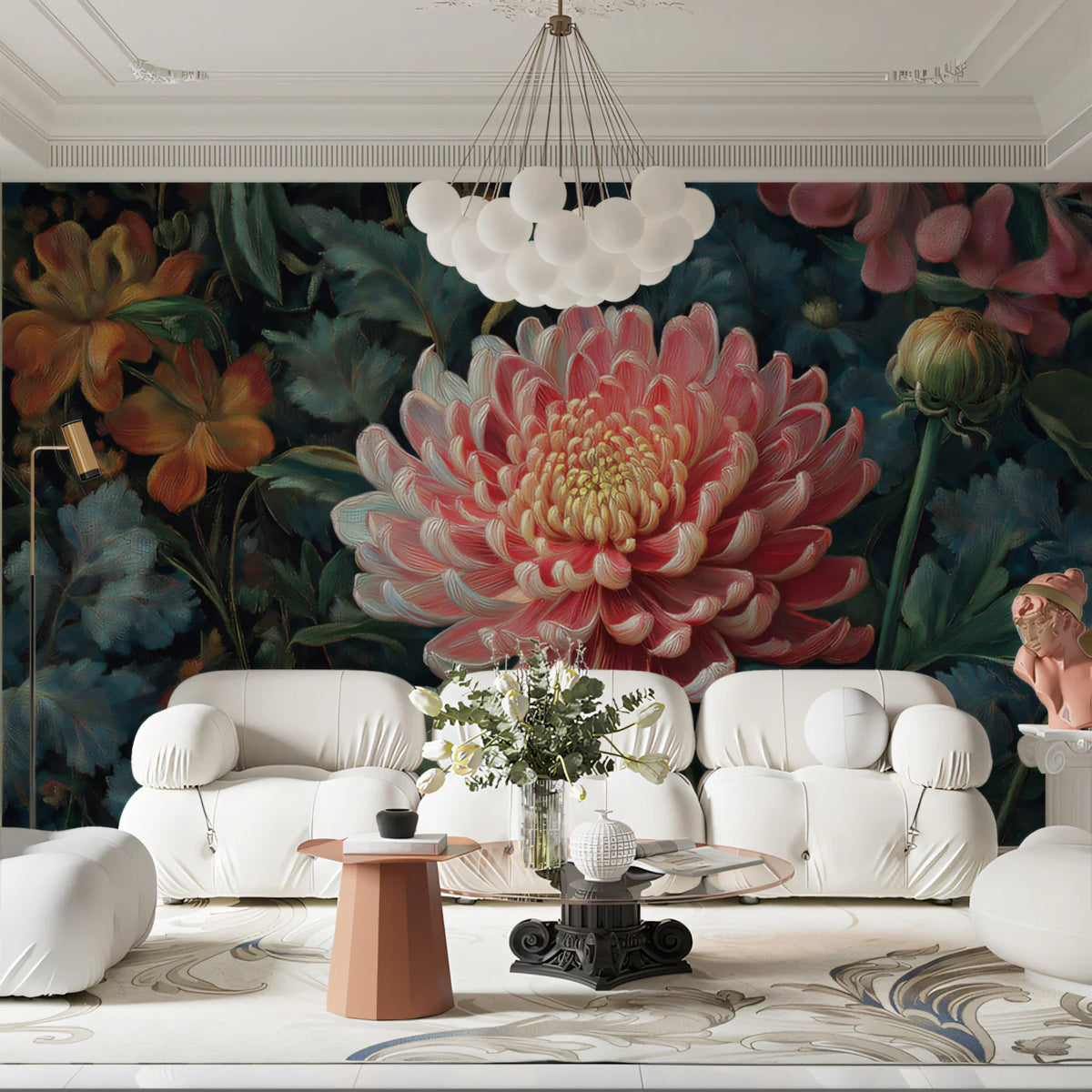 Chrysanthemum Oil Painting Mural Wallpaper — Moody Floral Art Mural Wallpaper - room preview 02