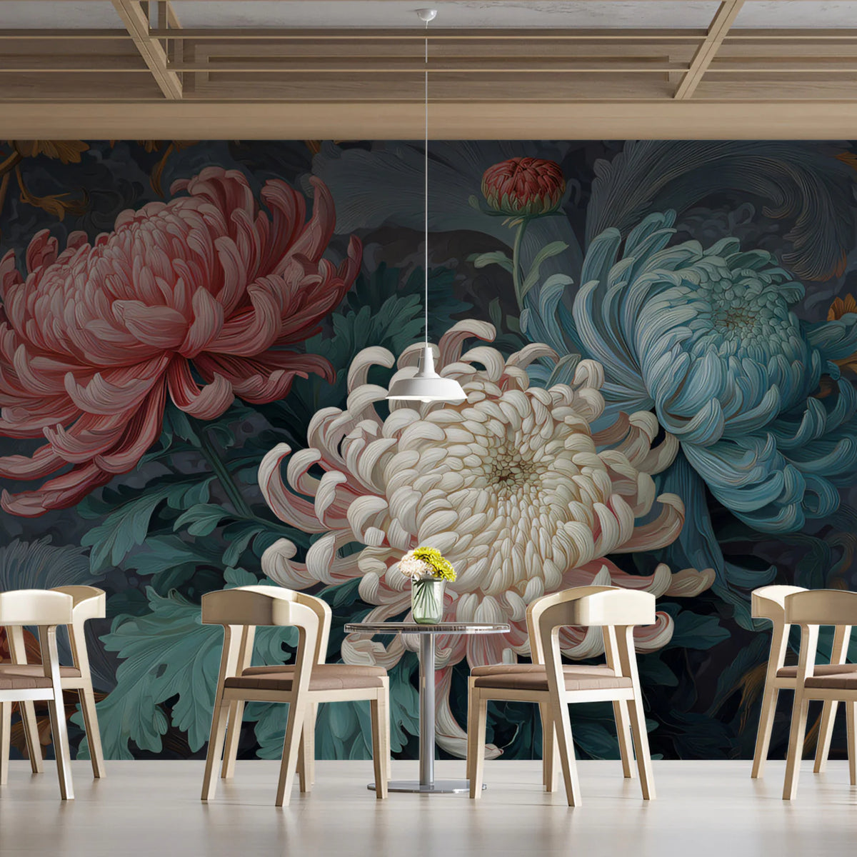 Ornate Chrysanthemum Mural Wallpaper — Moody Floral Art Mural Wallpaper - room preview 02