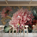 Rococo Chrysanthemum Floral Mural Wallpaper in Dusty Rose and Gold Mural Wallpaper - room preview 02