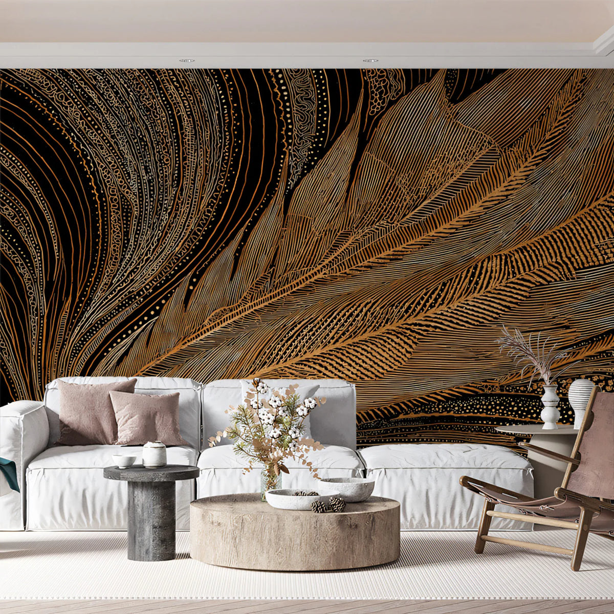 Golden Feather Line Art Mural Wallpaper — Sophisticated Black Design Mural Wallpaper - room preview 02