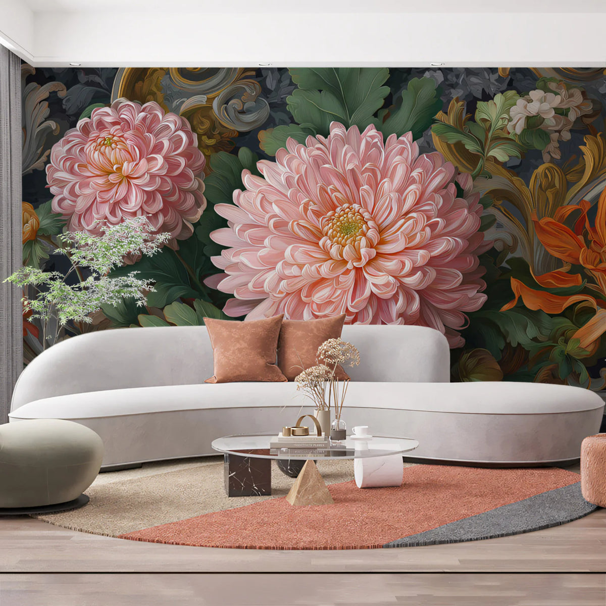 Rococo Chrysanthemum Floral Mural Wallpaper — Moody Heritage Style Mural Wallpaper - room preview 02