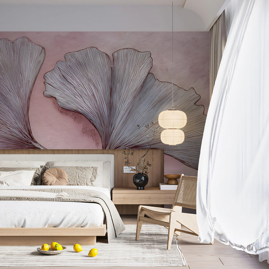 Papier Peint Mural Feuille de Ginkgo Abstraite — Papier Peint Mural Botanique Rose Doux