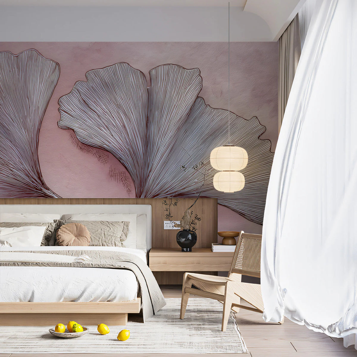 Abstract Ginkgo Leaf Mural Wallpaper — Soft Pink Botanical Art Mural Wallpaper - room preview 02