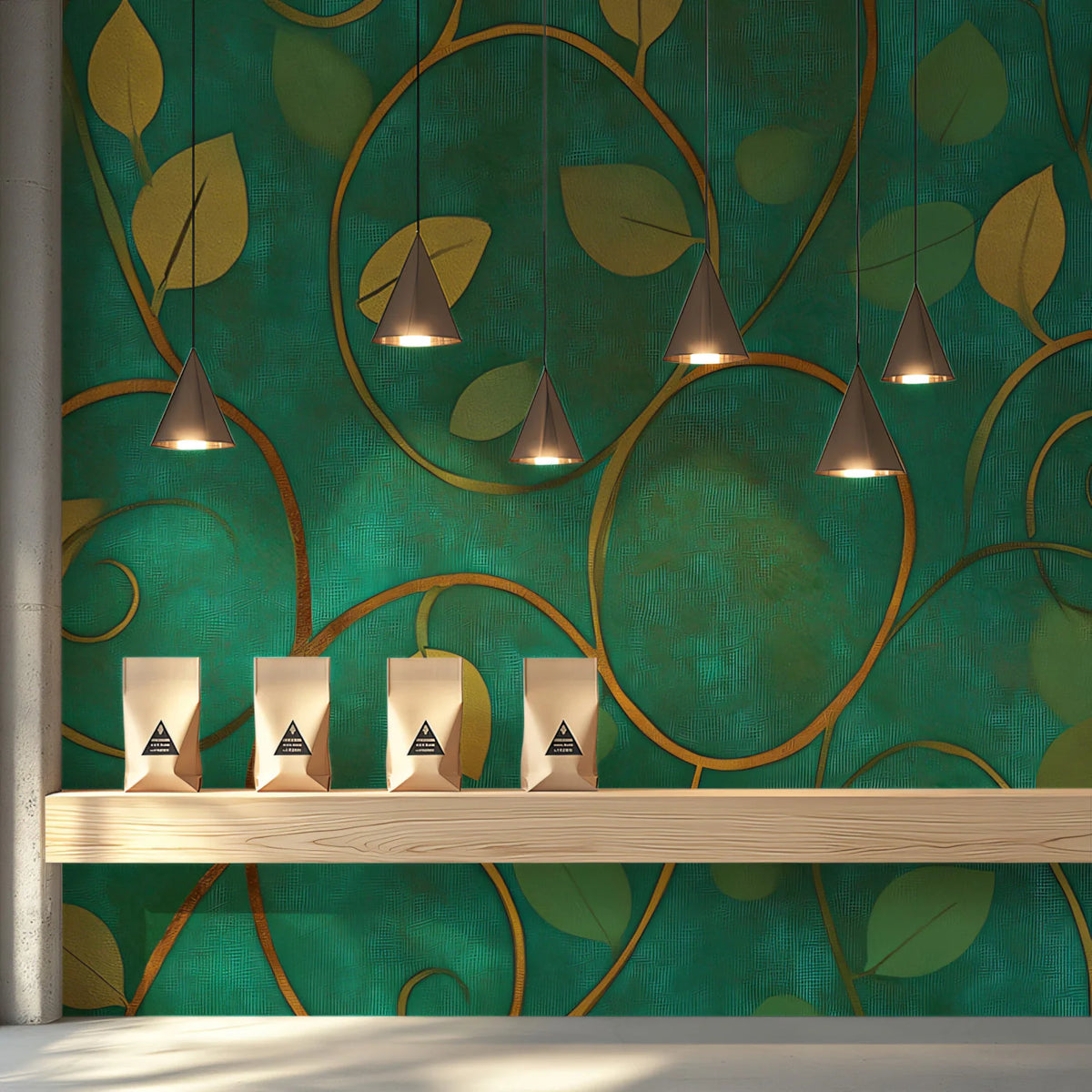 Golden Vine Botanical Mural Wallpaper — Rich Teal and Gold Pattern Mural Wallpaper - room preview 02