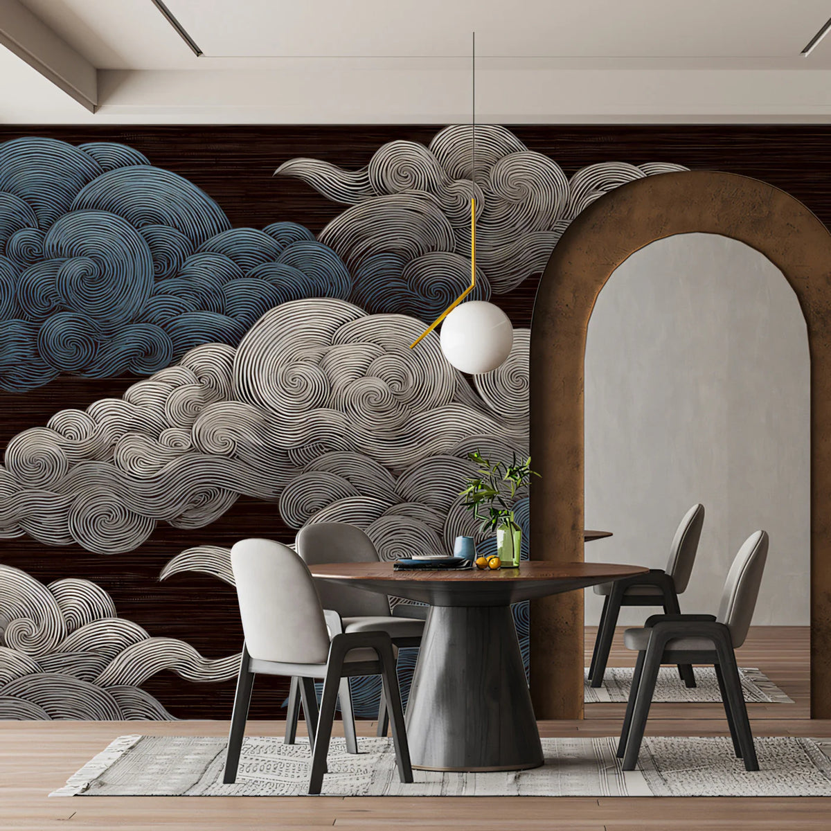Swirling Cloud Mural Wallpaper — Ink-Style Sky Illustration Mural Wallpaper - room preview 02
