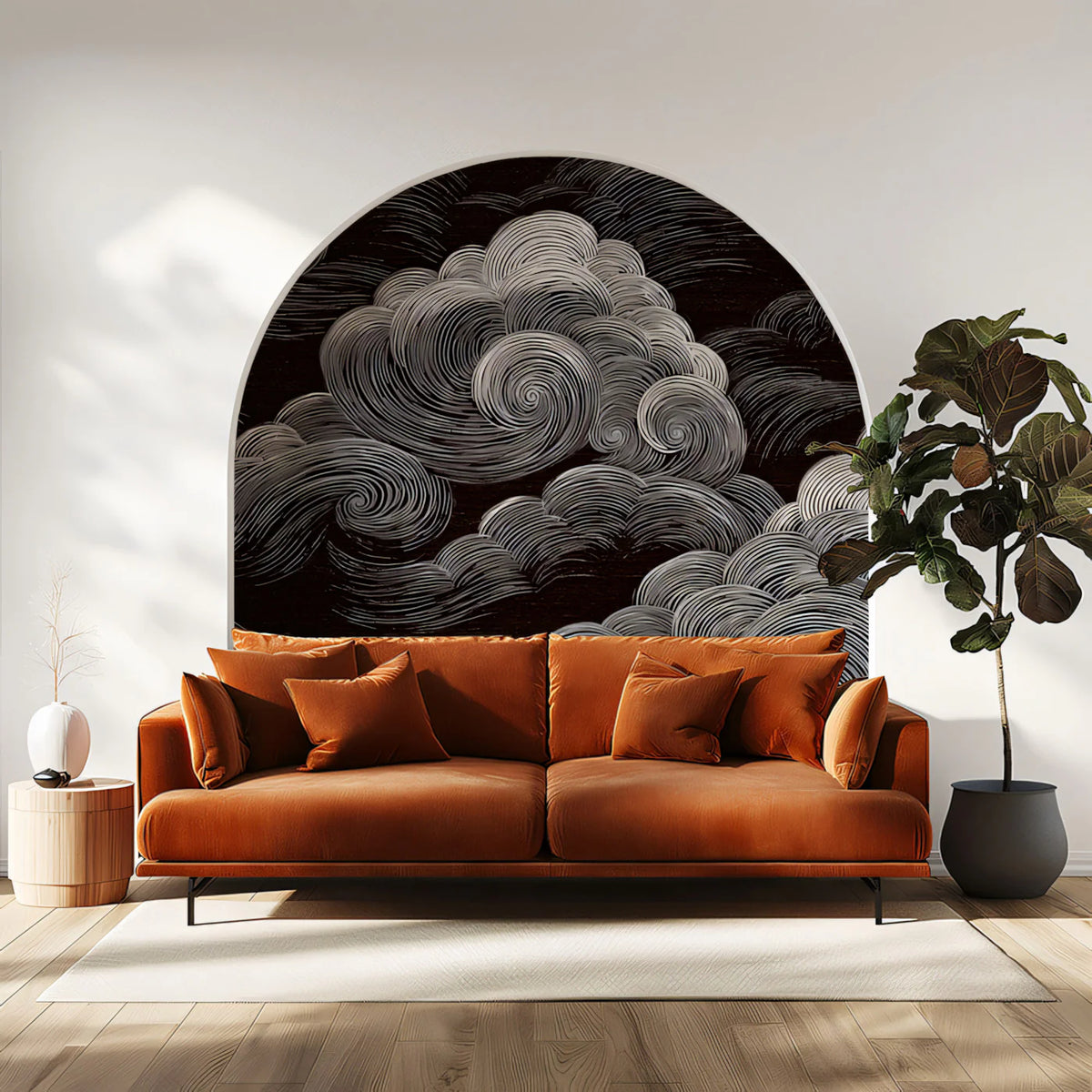 Swirling Monochrome Clouds Mural Wallpaper — Artistic Sky Design Mural Wallpaper - room preview 02