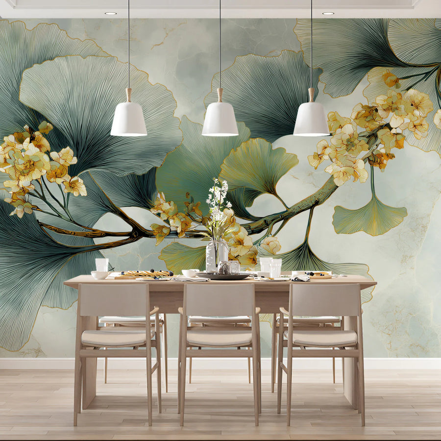 Ginkgo-Zweig Wandbild Tapete – Künstlerische Botanische Marmor-Wandbild Tapete