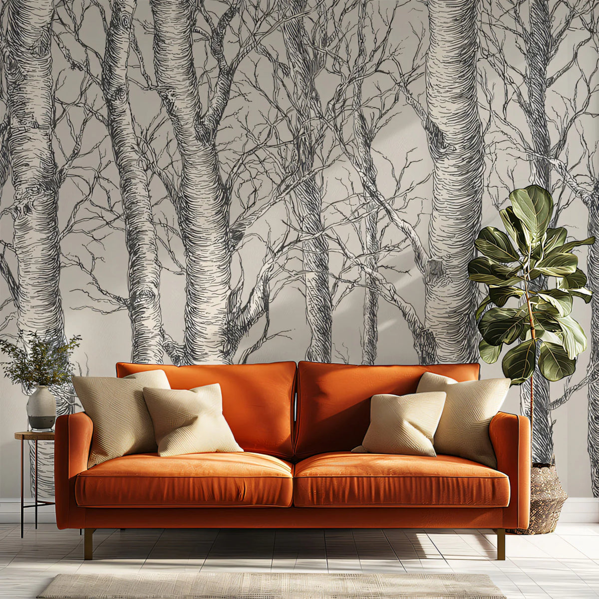 Monochrome Birch Forest Mural Wallpaper — Hand-Drawn Woodland Art Mural Wallpaper - room preview 02