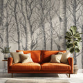 Monochrome Birch Forest Mural Wallpaper — Hand-Drawn Woodland Art Mural Wallpaper - room preview 02