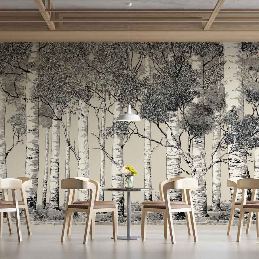 Forest Wallpaper Mural – Woodland Wall Mural – Ink Illustration Birch Forest — Monochrome Woodland