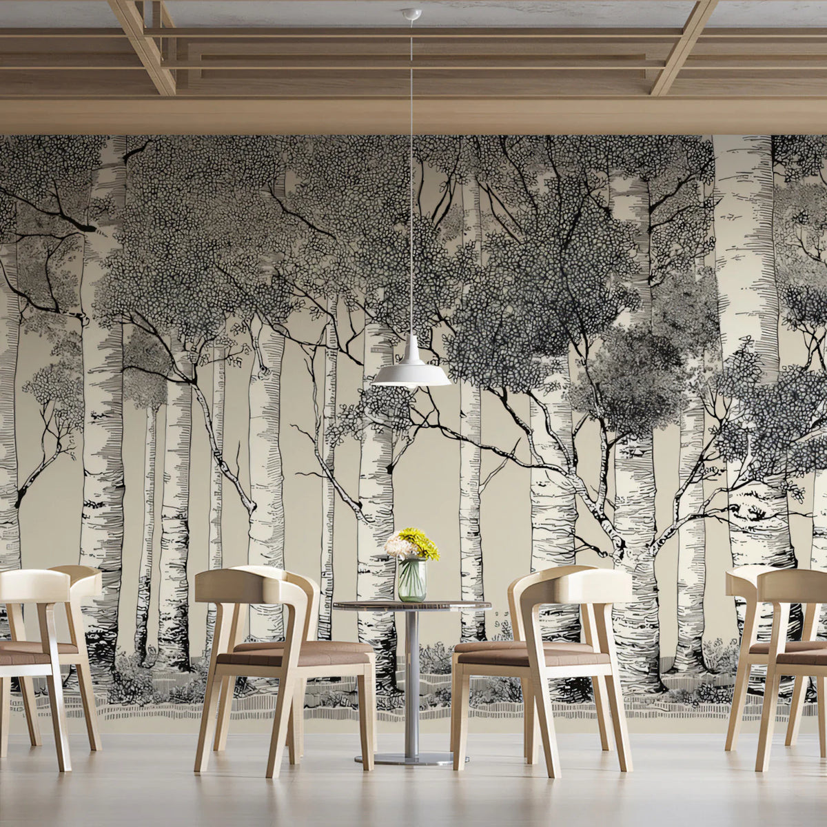 Ink Illustration Birch Forest Mural Wallpaper — Monochrome Woodland Mural Wallpaper - room preview 02