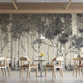 Ink Illustration Birch Forest Mural Wallpaper — Monochrome Woodland Mural Wallpaper - room preview 02