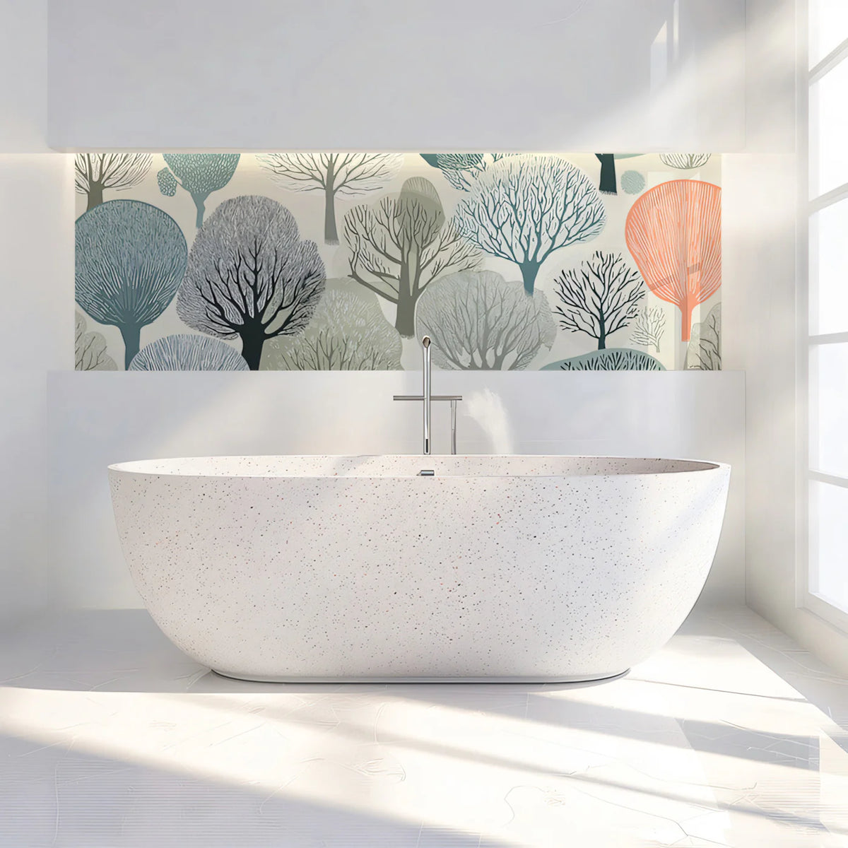 Scandinavian Woodland Mural Wallpaper — Stylized Forest Landscape Mural Wallpaper - room preview 02