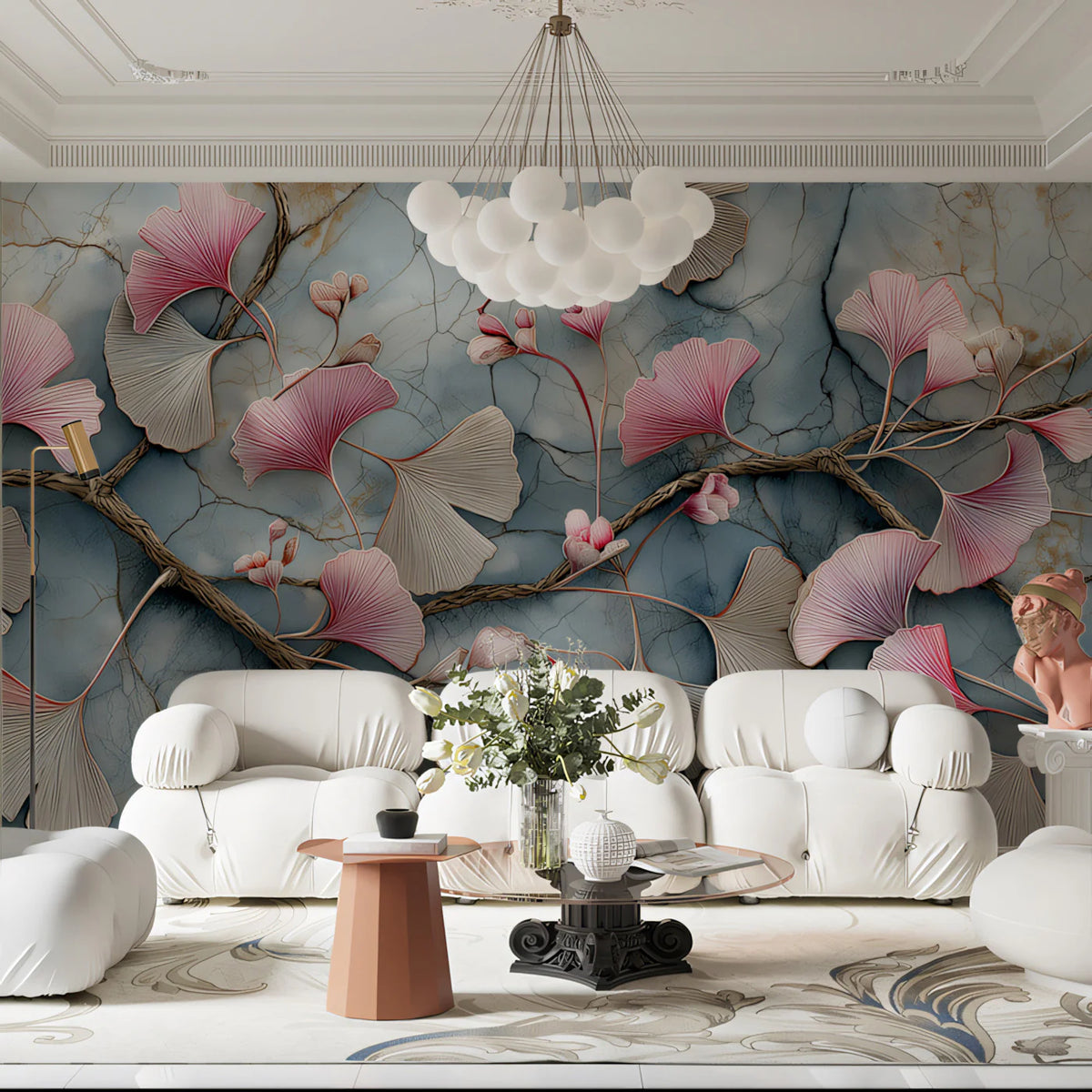 Ginkgo Branch Mural Wallpaper with Marbled Blue and Pink Tones Mural Wallpaper - room preview 02