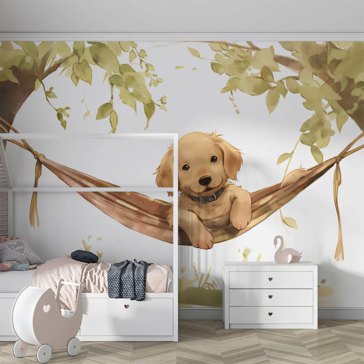 Golden Retriever Puppy in Hammock Mural Wallpaper — Whimsical Art Mural Wallpaper - room preview 02