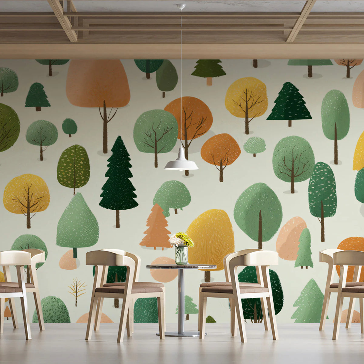 Stylized Forest Woodland Mural Wallpaper — Whimsical Nature Pattern Mural Wallpaper - room preview 02