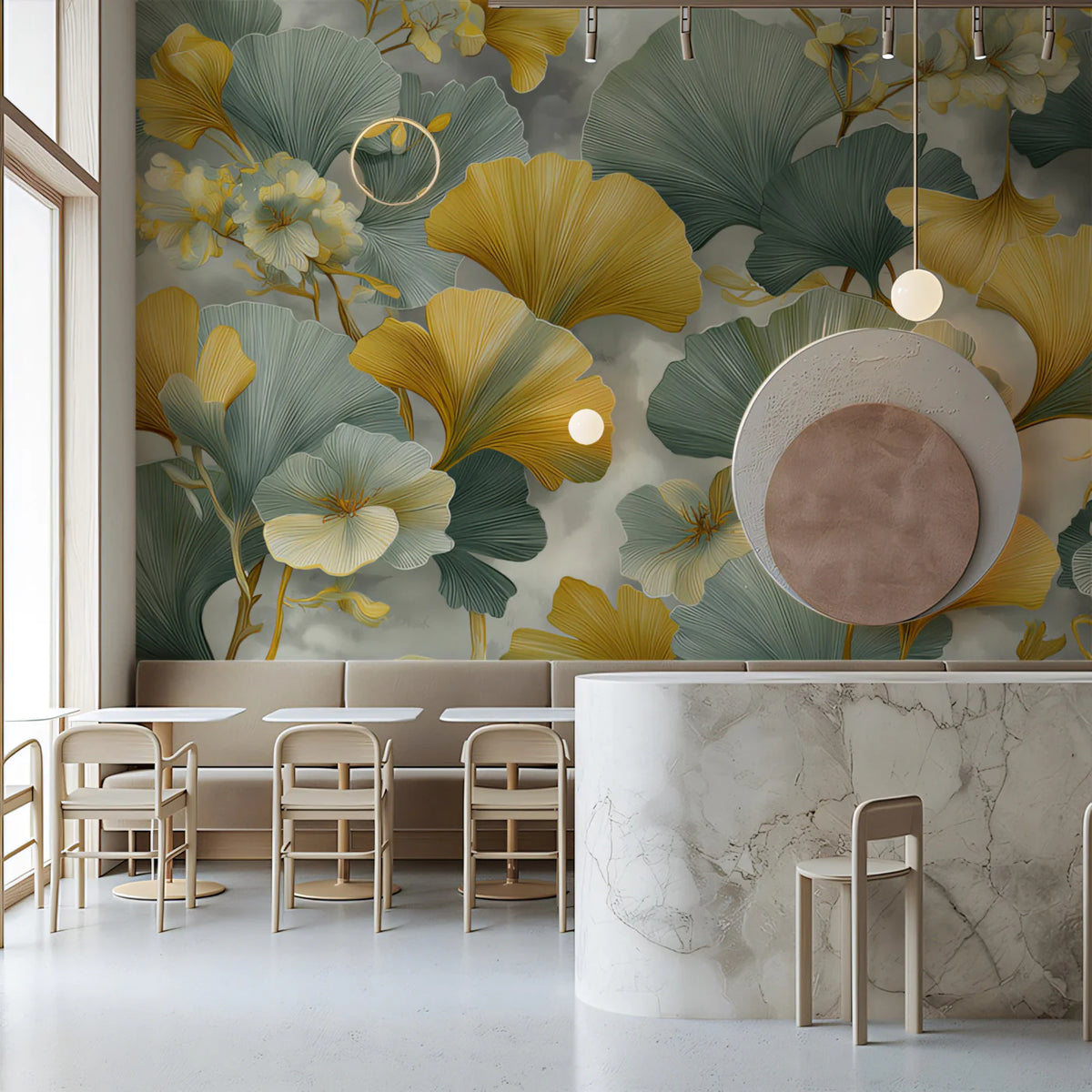 Abstract Ginkgo & Floral Mural Wallpaper in Ochre and Sage Mural Wallpaper - room preview 02