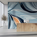 Abstract Botanical Mural Wallpaper — Teal and Orange Floral Art Mural Wallpaper - room preview 02