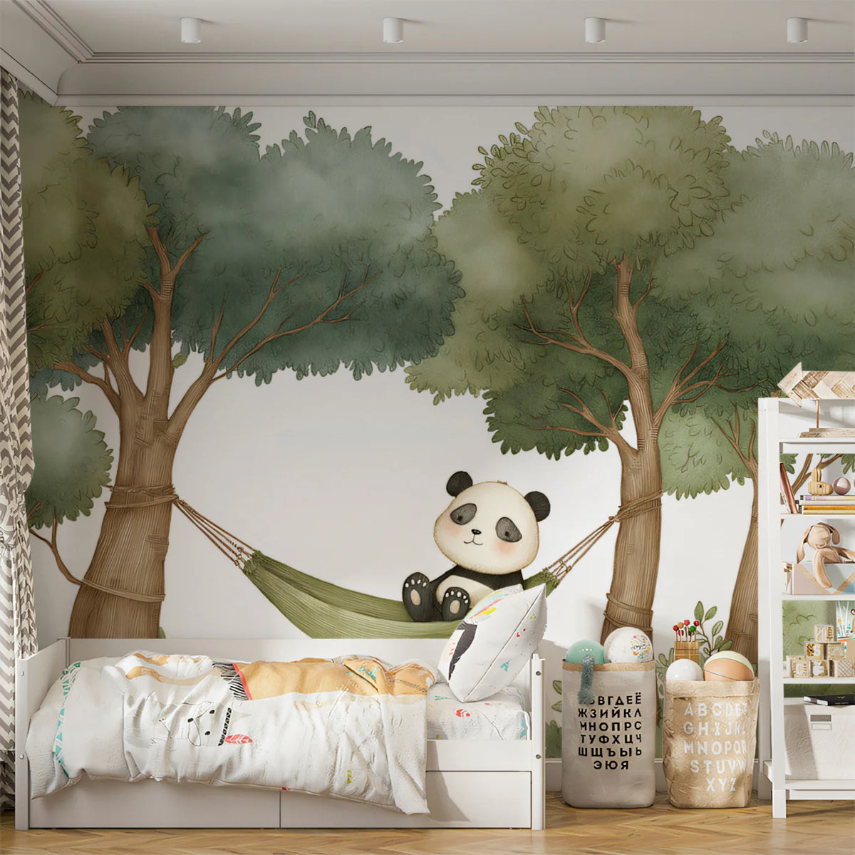 Resting Panda in Hammock Mural Wallpaper — Whimsical Woodland Scene Mural Wallpaper - room preview 02