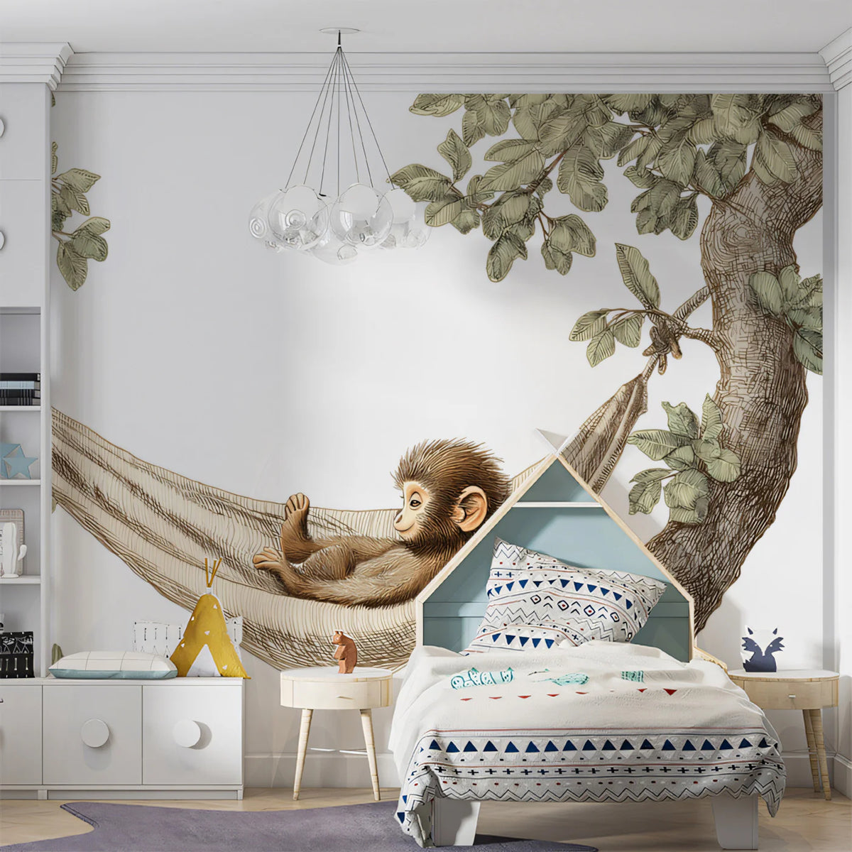 Resting Monkey in Hammock Mural Wallpaper — Whimsical Sketch Style Mural Wallpaper - room preview 02