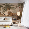 Tiger in Tropical Jungle Mural Wallpaper — Vintage Safari Illustration Mural Wallpaper - room preview 02