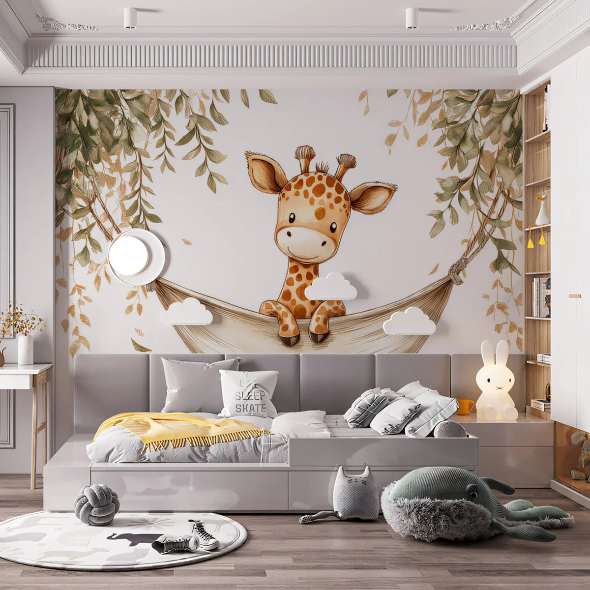 Baby Giraffe in Hammock Mural Wallpaper — Whimsical Safari Art Mural Wallpaper - room preview 02