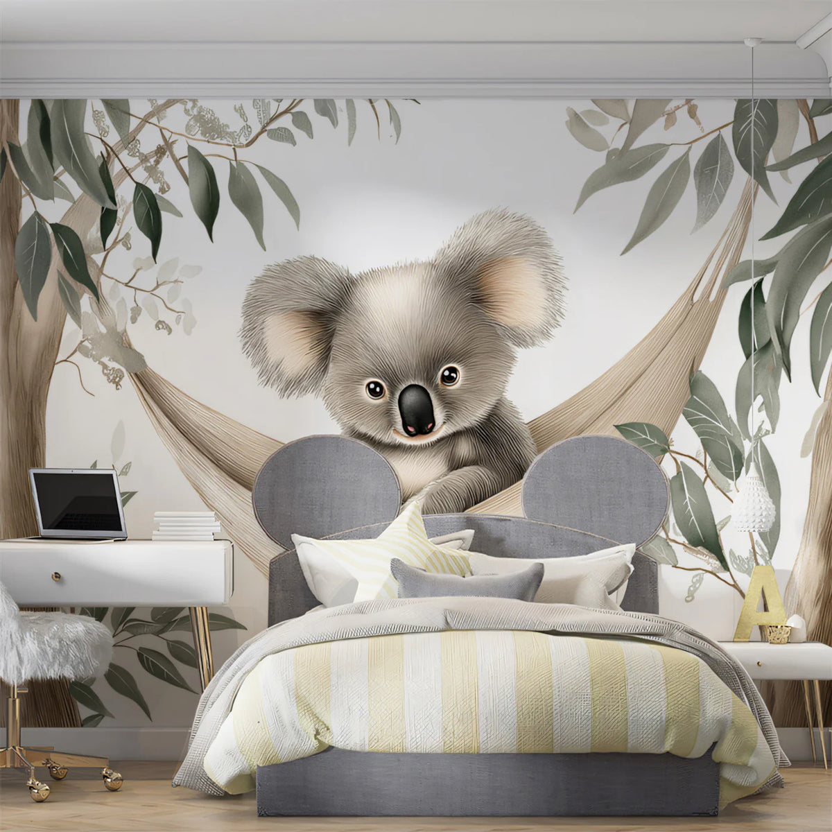 Koala in Hammock Mural Wallpaper — Whimsical Woodland Art Mural Wallpaper - room preview 02