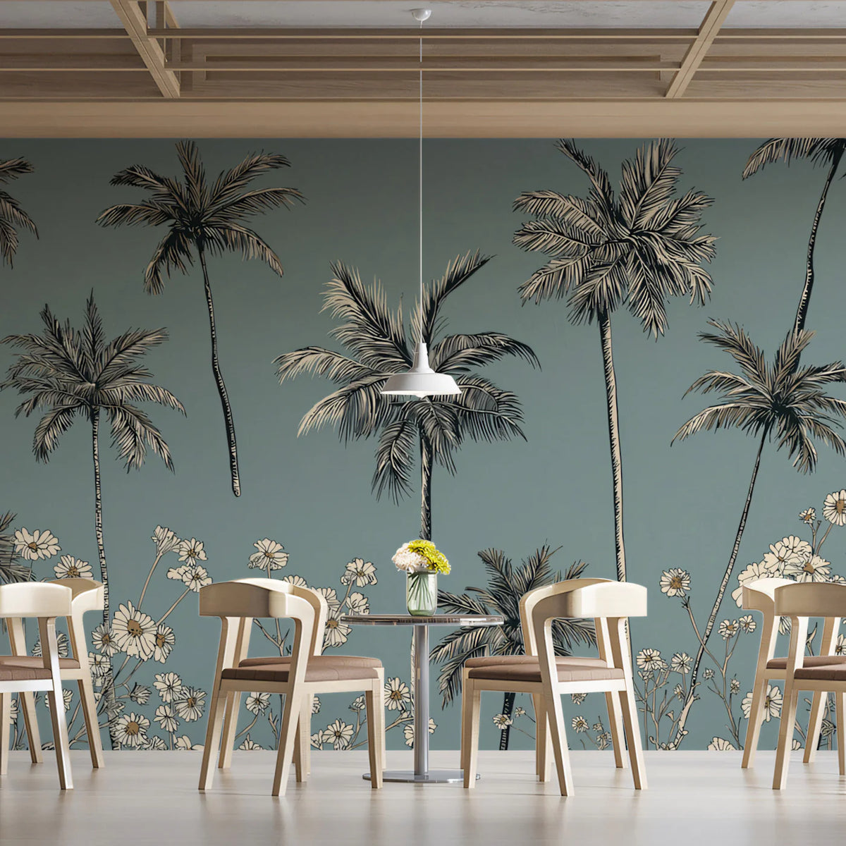 Palm Tree and Daisy Line Art Mural Wallpaper — Coastal Modern Mural Wallpaper - room preview 02