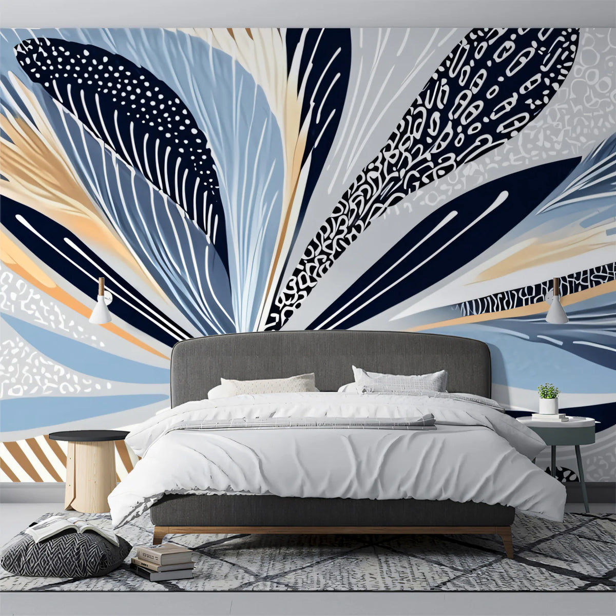 Abstract Botanical Mural Wallpaper — Modern Blue and Ochre Floral Mural Wallpaper - room preview 02