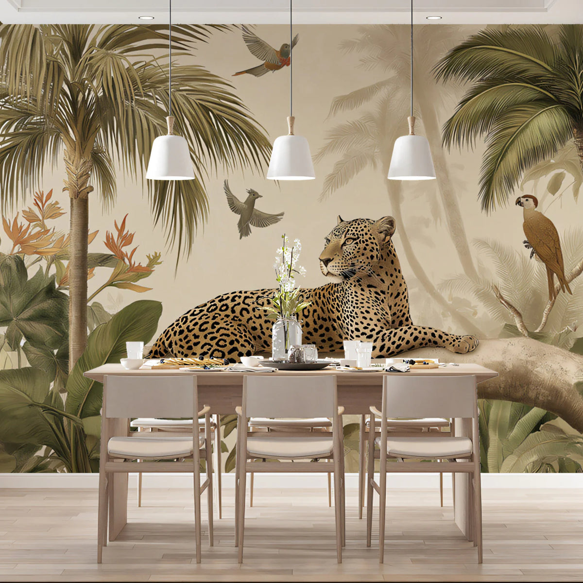 Leopard in Tropical Palms Mural Wallpaper — Vintage Safari Art Mural Wallpaper - room preview 02