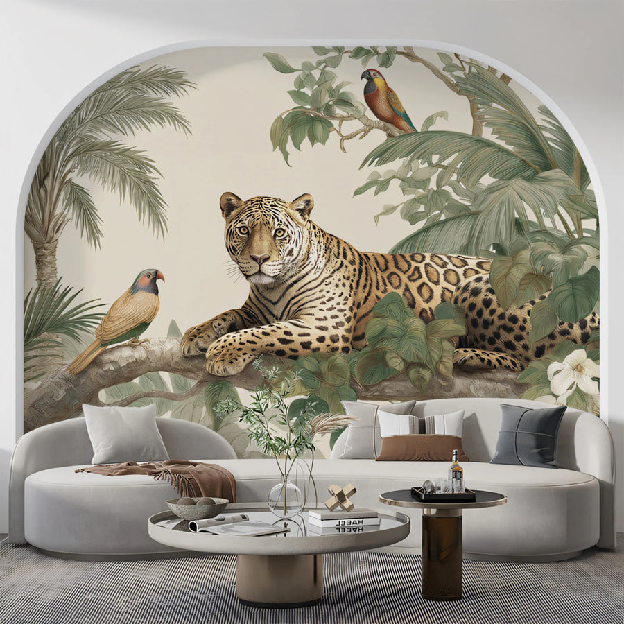 Leopard in tropischem Blattwerk Fototapete – Vintage Safari Kunst Fototapete