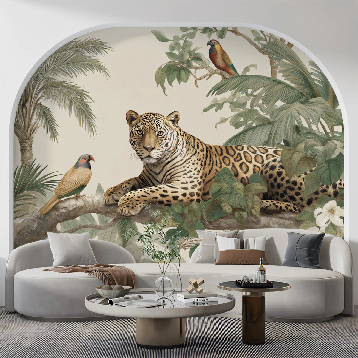 Leopard in Tropical Foliage Mural Wallpaper — Vintage Safari Art Mural Wallpaper - room preview 02