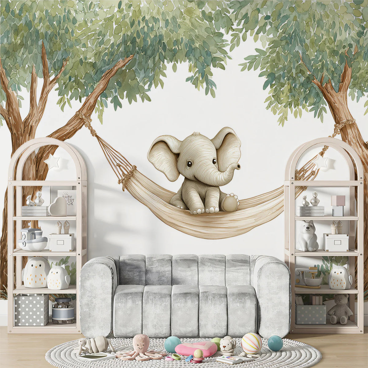Baby Elephant in Hammock Mural Wallpaper — Whimsical Forest Scene Mural Wallpaper - room preview 02