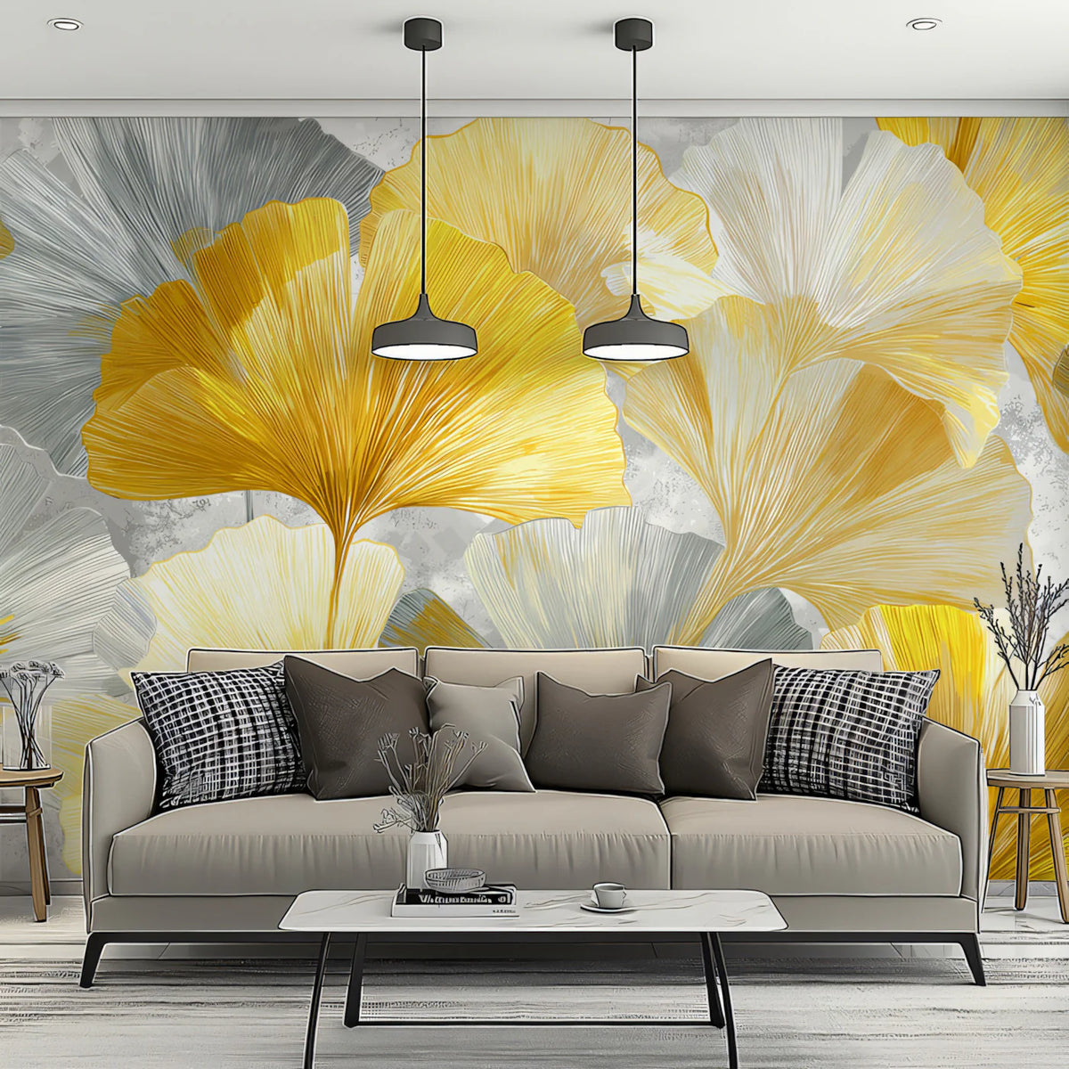 Ginkgo Leaf Mural Wallpaper — Metallic Gold and Grey Art Mural Wallpaper - room preview 02