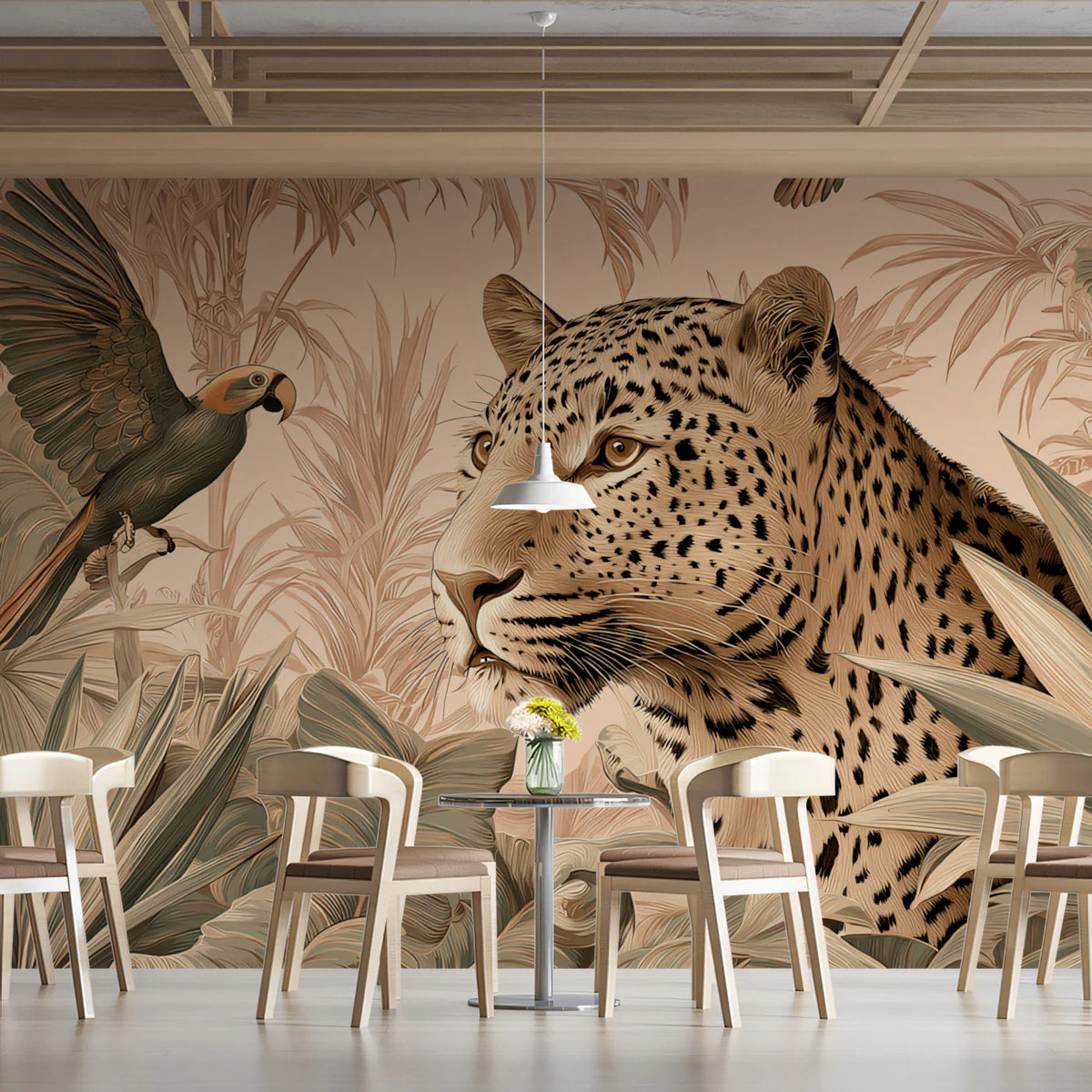 Leopard and Tropical Birds Mural Wallpaper — Monochrome Safari Mural Wallpaper - room preview 02