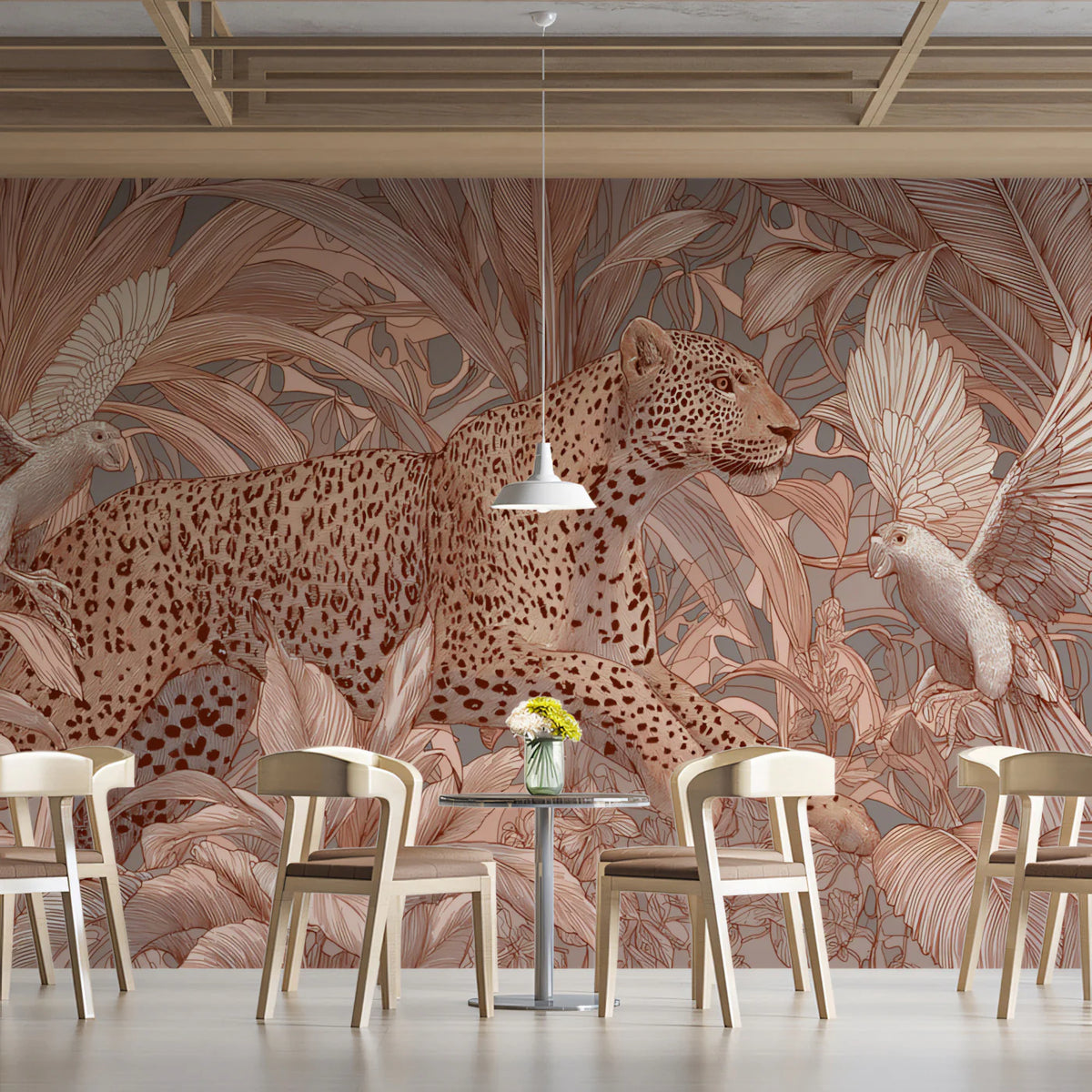 Leopard and Exotic Birds Mural Wallpaper — Soft Monochromatic Safari Mural Wallpaper - room preview 02
