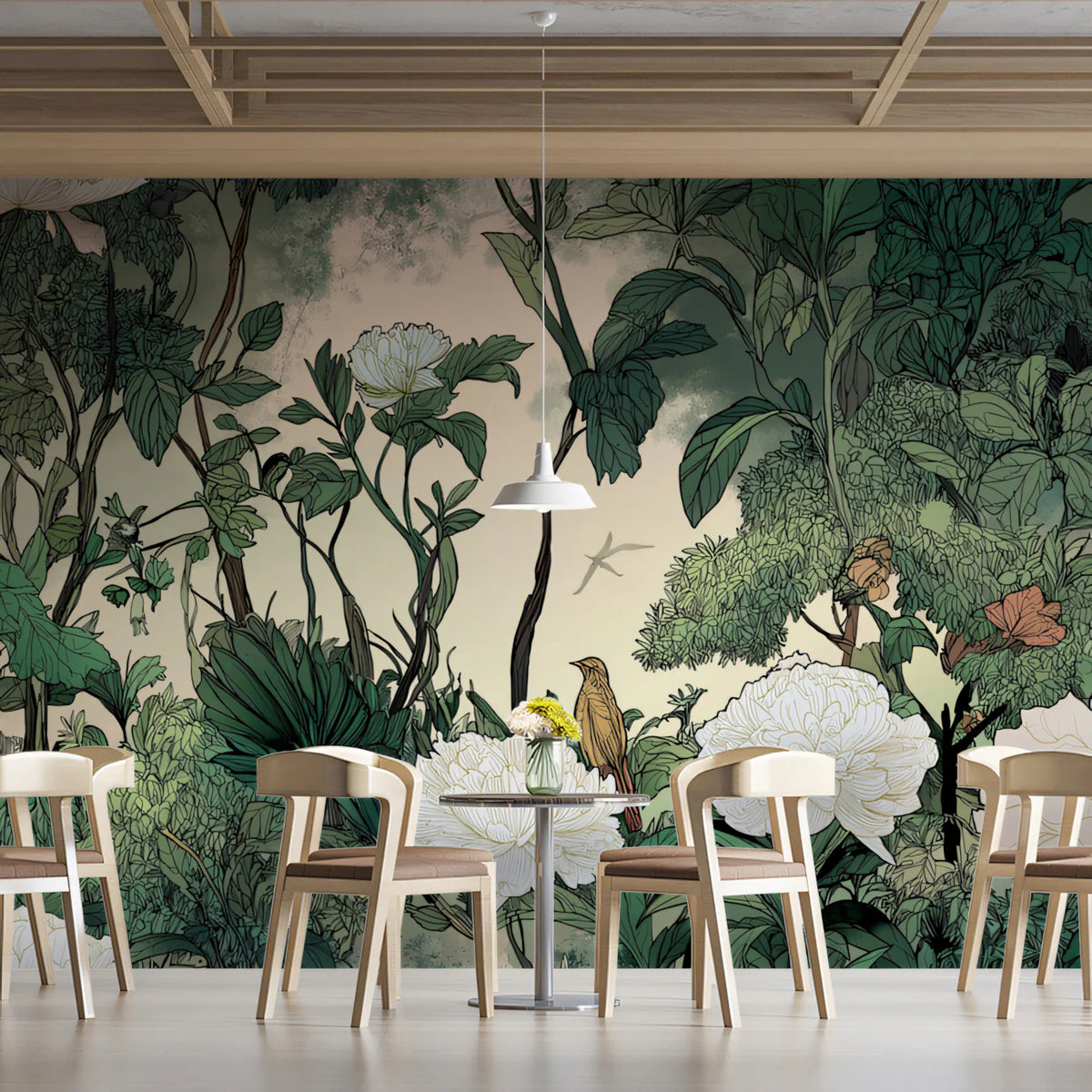 Ethereal Botanical Jungle Mural Wallpaper — Soft Nature Scene Mural Wallpaper - room preview 02
