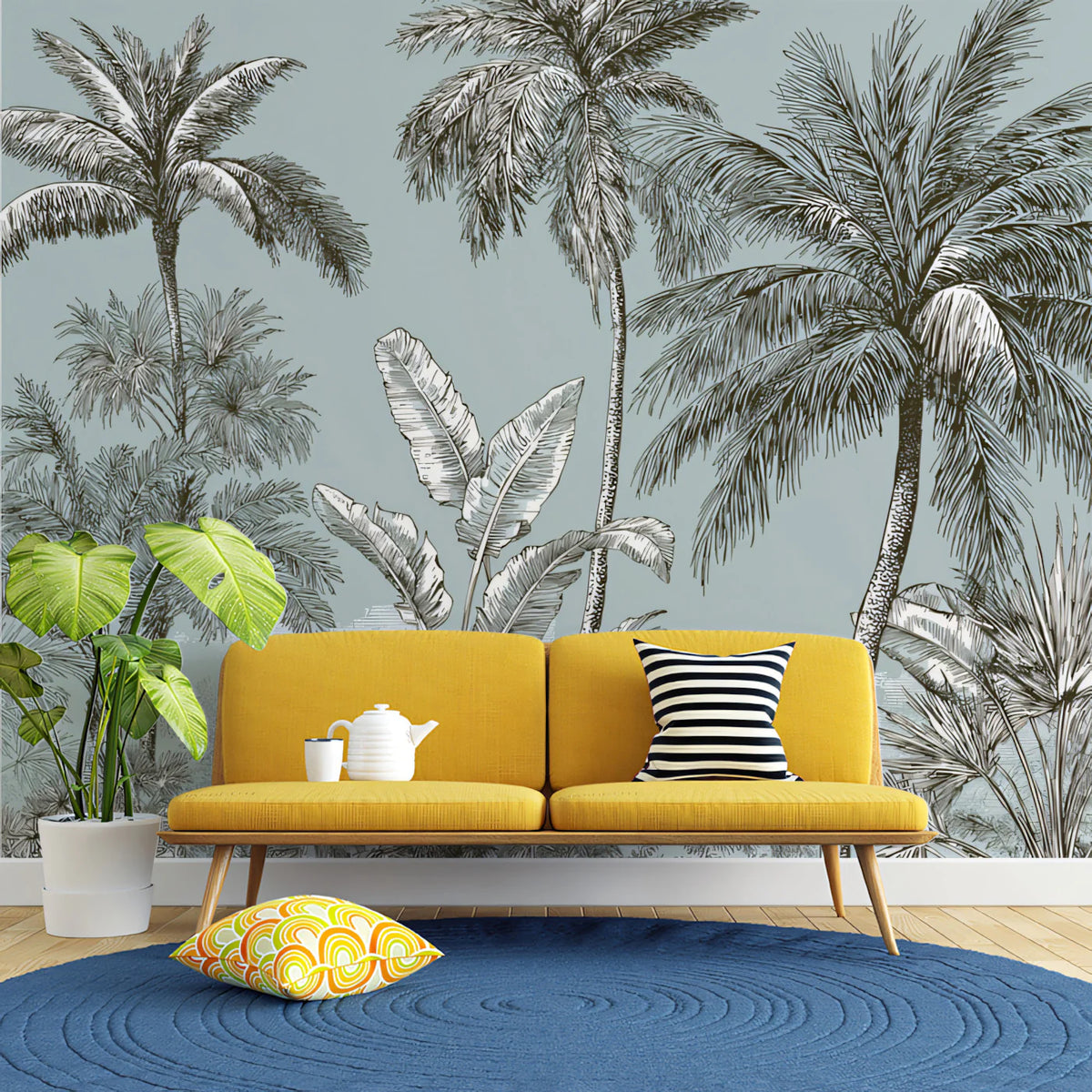 Coastal Palm Sketch Mural Wallpaper — Blue and Charcoal Line Art Mural Wallpaper - room preview 02