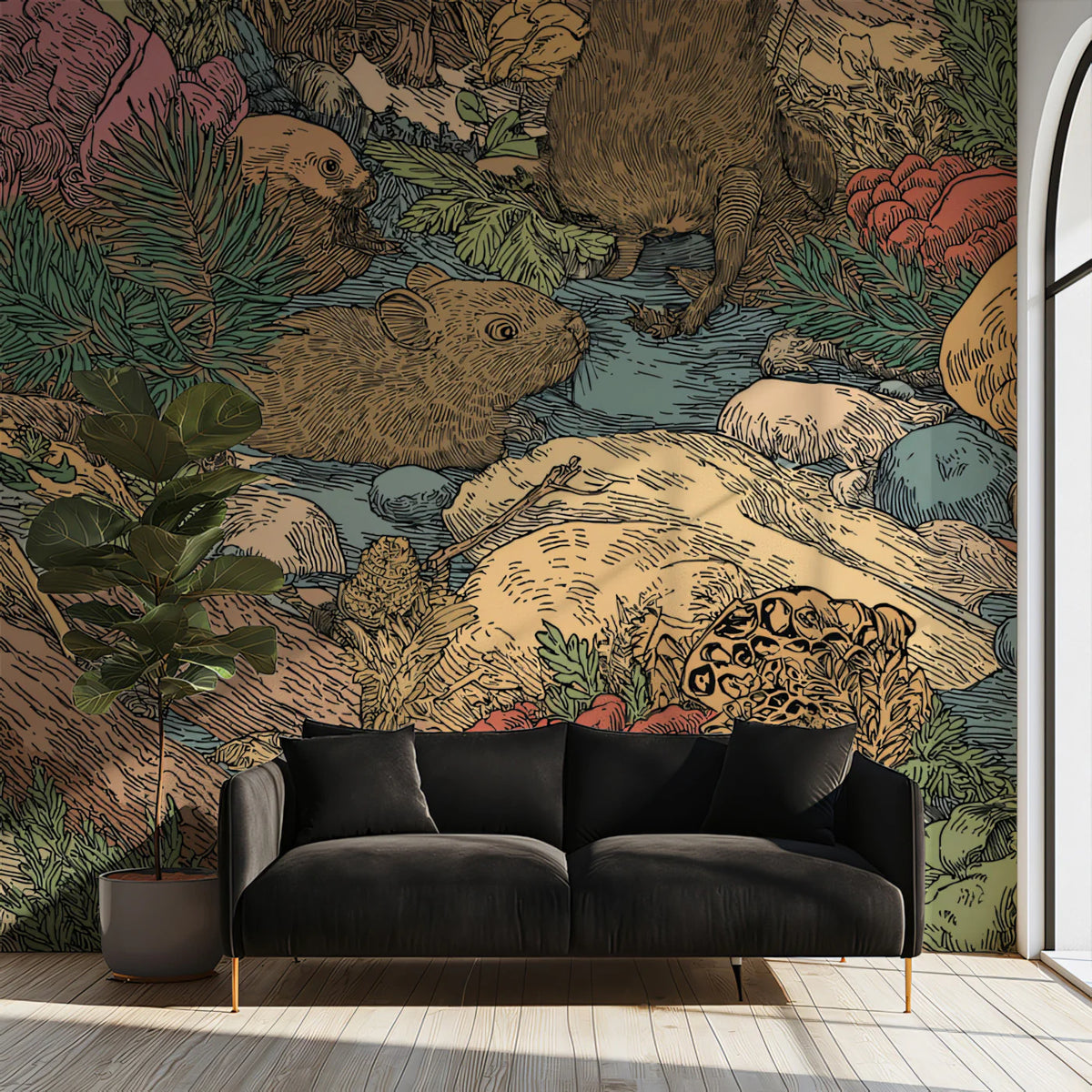Woodland Creek Illustration Mural Wallpaper —Whimsical Forest Fauna Mural Wallpaper - room preview 02