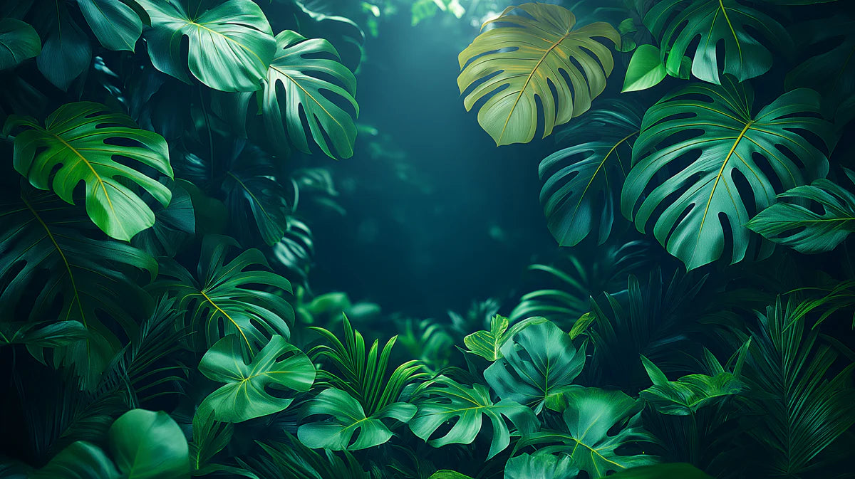 Lush Tropical Jungle with Monstera Leaves Mural Wallpaper Serene Nature Scene Mural Wallpaper - room preview 02