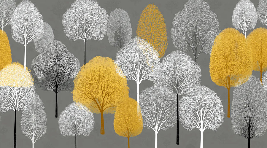 Forest Wallpaper Mural – Woodland Wall Mural – Autumn Grove — Stylized Scandinavian Forest Scene