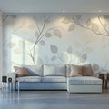 Minimalist Fine Line Leaf Mural Wallpaper — Neutral Sketch Design Mural Wallpaper - room preview 02