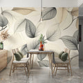 Minimalist Leaf Mural Wallpaper — Neutral Botanical Design Mural Wallpaper - room preview 02