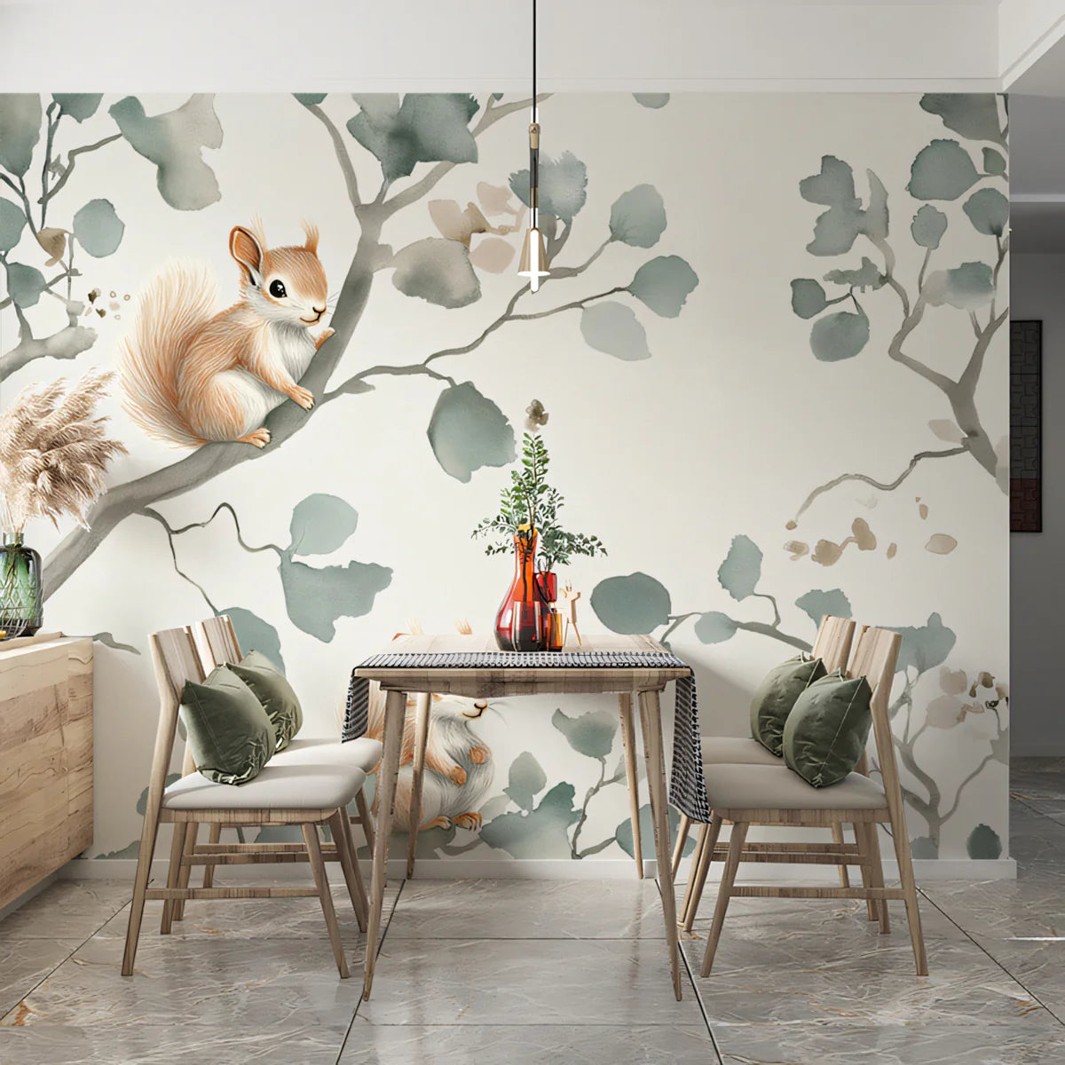 Squirrel and Branch Mural Wallpaper — Whimsical Watercolor Art Mural Wallpaper - room preview 02