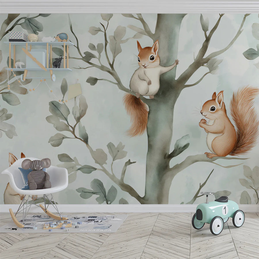 Woodland Nursery Wallpaper Mural – Baby Animals Wall Mural – Woodland Squirrels — Whimsical Nature Scene