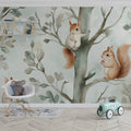 Woodland Squirrels Mural Wallpaper — Whimsical Nature Scene Mural Wallpaper - room preview 02